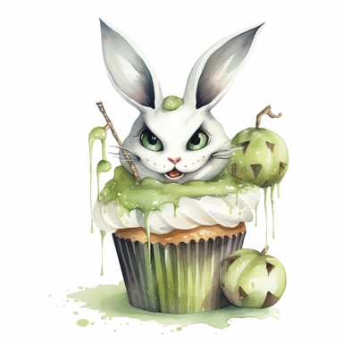 delicious halloween cupcake with white rabbit , watercolour illustration clipart, extremely detailed, 4k, high quality, colour scheme black, lime green and white , , isolated on white background - <@1098423716465102849> (relaxed) - <@1098423716465102849> (relaxed) - Image #3 <@1098423716465102849>