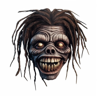 a voodoo shrunken head with mouth and eyes stitched shut, calm expression, dark shrivelled skin, pastel, photorealistic, hyper realistic, ultra high-detail, dark outlines, white background, clipart,