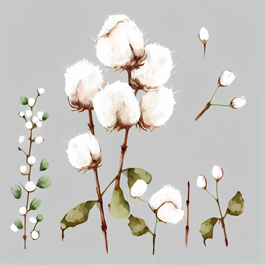 watercolor clipart, vector, hand painted, white fluffy, puffy, cotton ball plant stems, on white background, extreme detail, photo realistic, 8k