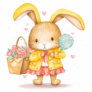 a shy baby Bunny with gifts Clipart, Peter rabbit, wearing a yellow coat covered in hearts, Nursery summer Clipart, Easter Clipart, summer Bunny, Crafting Digital Paper, Mother’s Day, white background