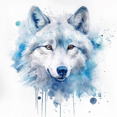 high level watercolor, hyper realistic, white background with margins, 8k, ultra detailed clipart, large, futuristic, A mystical winter blue wolf, its frosty breath creating swirling snowflakes and ice formations in the air, fairy, cool, pastel blue