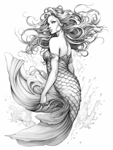 Coloring book, white background, black and white, clip art. Mermaid. Fish bottom, woman top. Mermaid has large wings.