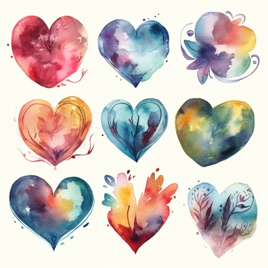A set of Heart Clipart watercolor style illustrations from the United States, set on an isolated solid background. The images exude a romantic and dreamy beauty, with a touch of whimsy and playfulness. The heart is the same size, the design is simple but eye-catching. Multi-colored shades represent a variety of themes. Some of the elements incorporated in the designs include cupid arrows, love letters, locks and keys, alluding to the idea of love as a journey and a treasure to be treasured. The 
