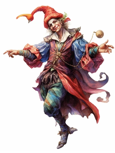 Peter Flotner creates woodcut watercolor synesthesia of the renaissance jester, clipart, hd, on white background