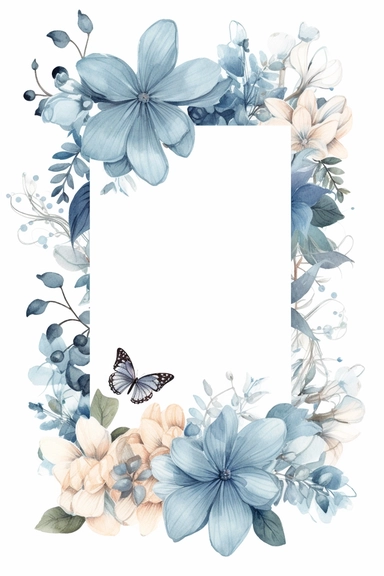 watercolor clipart of a empty suttle dainty floral rectangle frame surrounded by dusty blue color flowers. Capture the essence of blooming beauty and intricate details in your artwork, white background