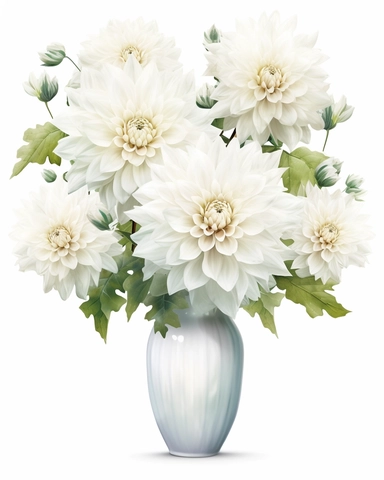 detailed vibrant watercolor bouquet of white dahlia flower in plain ceramic vase white space , isolated on white background, realistic, clipart