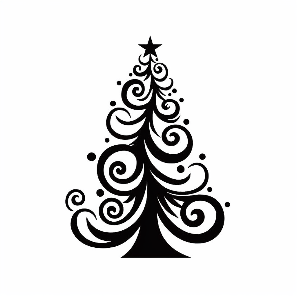 Black And White Silhouette Of A Christmas Tree, Clipart Style, White 