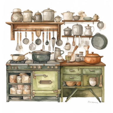 watercolor, hyper realistic, white background, white margins, 16k, ultra detailed clipart, cut out image, hand-drawn a vintage kitchen with a vintage gas stove, a set of vintage mixing bowls, and a collection of vintage utensils. The color theme could be earthy colors like olive green, mustard yellow, and deep brown.