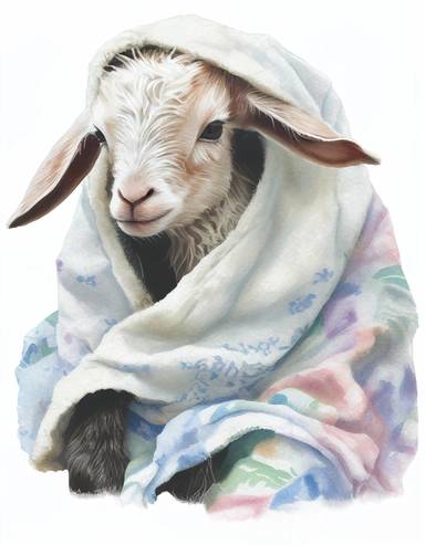baby goat in a blanket, watercolor clipart, transparent background