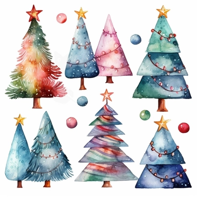 Watercolor christmas trees with christmas ornaments with gift boxes underneath, illustrations clipart set, simple, christmas colors , cartoon elements, different variants , candy cane, hollybell, bow, separate elements with a margin