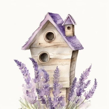 Clipart, lavenderaround wooden bird house, watercolor, whimsical, enchanting, nostalgic, minimalistic