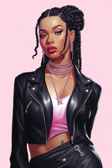 Illustration detailed clip art illustration on a white background, pose full length model black woman Musier Paris Kelsey biker jacket and chocker with body jewelry, long thick braided hair, cute nose, makeup, lips fashion pink, elegant classy, shiny colors, hyper details sticker art, elegant, modeling,