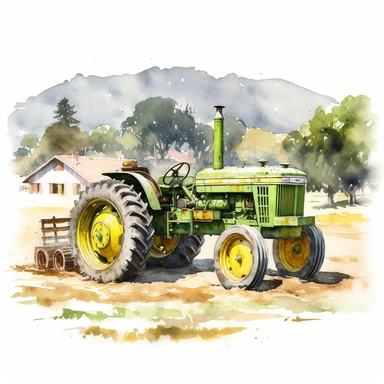 realistic watercolor drawing of a farm with rustic green tractor with yellow wheels in California, on a white background where the background will be removed to repurpose as a clipart.