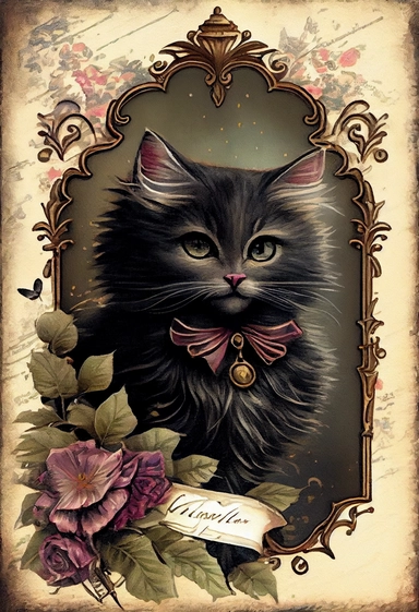 an adorable victorian cat style by [Rebecca Latham + Sarah Stribbling + sumi-e + nicoletta ceccoli], Easter theme, epic scene, dark dark academia watercolor vintage CLIPART, illustration, hyper realistic, intricate detail clipart, watercolor, painterly, Jean-Baptiste Monge, drawing on top of old grunge beautiful scrapbooking background paper, old paper texture, decoupage printable digital background, distressed borders, vintage borders, grunge borders, shabby borders