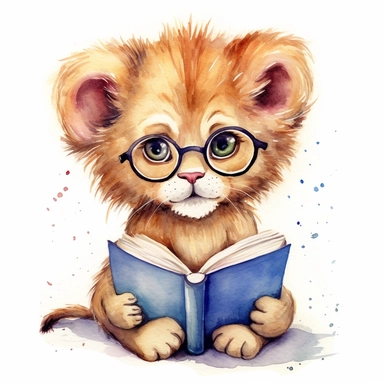 a friendly and cute looking watercolor little lion. Its mane is neatly brushed. The little lion's wide-eyed expression suggests an eager appetite for knowledge. He is reading a book and looks very smart. without a backround so it can be used as a clipart in many diffrent designs.