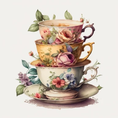 vintage old school tea cups stacked onto each other, watercolour clipart, floral art
