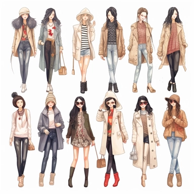 Imagine create a fashion collection, Asian women, trendy, fashionable, clipart, illustration white,cartoon, high resolution, long shot, full long shot, detailed, intricate, white background, 300dpi