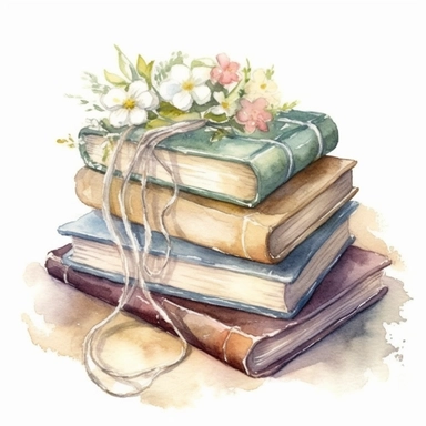 watercolor clipart of beautiful pastel old pile of books wrapped wiith cords and white tiny flowers ornament, vintage style