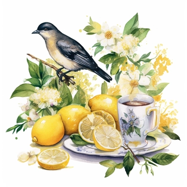 the clipart contains various items of lemon tea, in the style of ethereal watercolor washes, willem haenraets, birds & flowers, light gold and silver, elfriede lohse-wächtler, southern countryside, intricate, whimsical details Biological naturalist illust