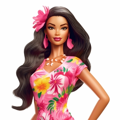 Beautiful pretty barbie doll hawaiian style, dark hair, paint art style, detail, clipart, white background, superrealistic, one of a kind