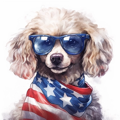 Toy Poodle Dog, wears American flag scarf and sunglasses, closeups shot, low angle, watercolor style, hyper-realistic animal illustrations, 2d game art, quadratura, clipart, on white background,