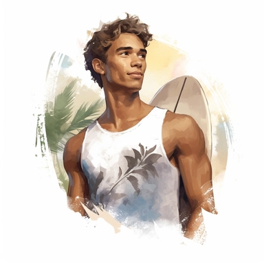 beautiful stunning hawaiian surfer young man , paint art style, clipart, white background, superrealistic, one of a kind