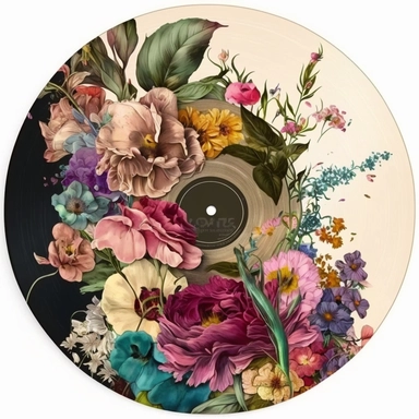 Clipart, vinyl record, vintage hippie flowers, watercolor, by Betsey Johnson, intricate, illustration, detailed, 8k, png, isolated on white background