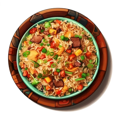 plate of fried rice in the style of digital airbrushing, realistic yet stylized, digitally enhanced, clipart, 32k uhd, clipart, white background
