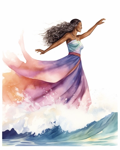 delicate watercolor pastel clipart of a Hawaiian hula dancer dancing in front of huge waves on the beach