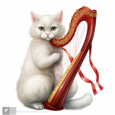 A clipart of a white cat wearing a red ribbon and holding a harp, just like an angel from a fairytale, watercolor style, realistic, bright colors, 300 dpi, 8k, white and clear background