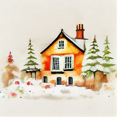 christmas, cute English country cottage, symmetrical, winter, snow, watercolor, clipart