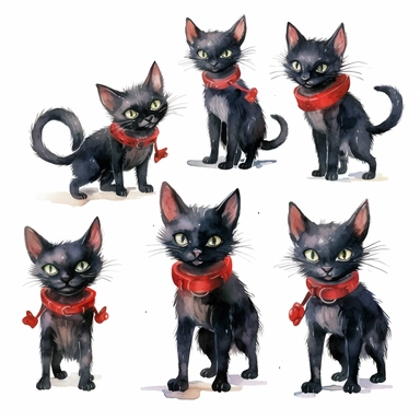 multiple poses characters of black cat and blue eyes, wearing a polka dot red collar, watercolor in medieval cartoon grunge style clipart on white background