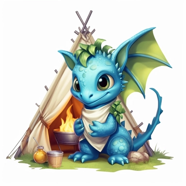 Super Cute fantasy baby Camping dragon clipart, white background