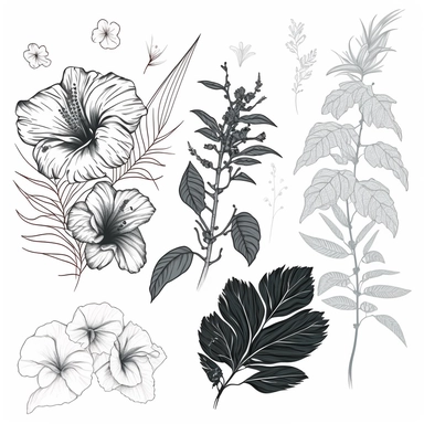 Hibiscus minimalist botanical line art sketches,line floral clip art, black line, pencil floral sketches, buttons and leaves, collection of handrawn floral elements, white background, Hand drawn line leaves branches and flowers, monochrome, inck draw