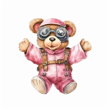 Watercolor Teddy Bear waring Pink shirt as an aeroplane pilot, multiple expression, happy and smiling clipart on a white background