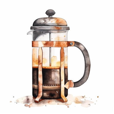watercolor line art coffee french press clipart, high resolution, minimal detailed, 8k on white background