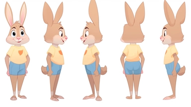 clipart,A cute little rabbit wearing a bright shirt and shorts+three Kans, with three perspectives on the front, side, and back, in different poses. The little rabbit has a small and cute body, with furry white fur and a pair of long ears. Its bright black eyes exude a clever and curious expression. A mischievous expression, he often wears bright shirts and shorts, full of vitality.clipart style, full body with both feet, painting, illustration, style, beautiful cartoon style, three images