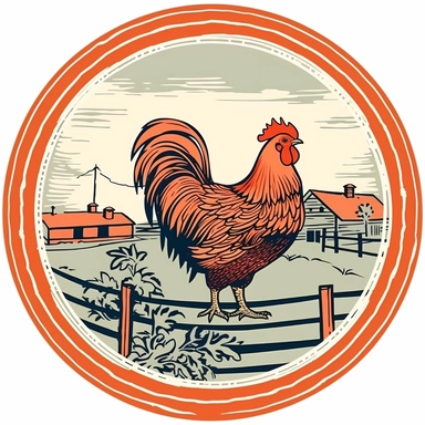 vector style clipart of a retro chicken fencing from a barnyard, circular, on a white background