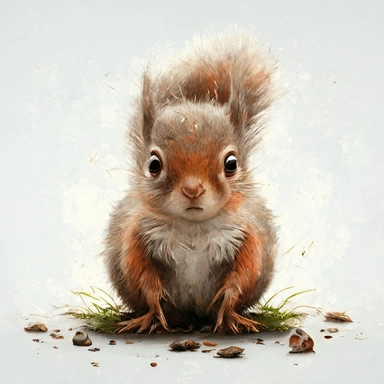Woodland Animal Clipart Watercolor, cute, lovely, happy, funny, friendly full body furry brown grey red baby Squirrel, large emotive eyes, intense gaze, looking straight, large fluffy tail, white background, no plants, no grass, nursery clipart