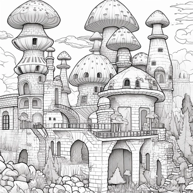 vector art, cartoon retro game, clip art, mushroom church fortress, mushroom saint basils cathedral, mushroom Minaret, mushroom Turrets, mushroom duomos, mushroom domes, mushroom bricks, black and white, line art, coloring book, coloring book page, less detail, outline, illustration, no dithering, drafting