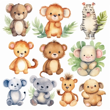 Watercolor baby jungle animals , illustrations clipart set, simple , cartoon elements, different variants , , separate elements with a margin