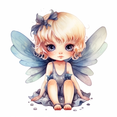 chibi little girl, big eyes, dressed as a fairy with wings on her back, beautiful and happy, she is sitting and head is turned towards camera, very detailed and realistic, watercolor, white background with margins, clipart style