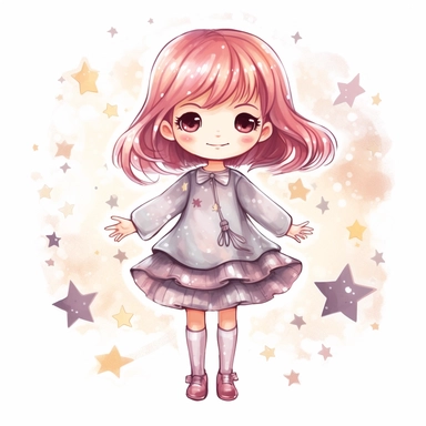 clipart of cute little girl shining, glitter, diamonds , stars, kawaii white background
