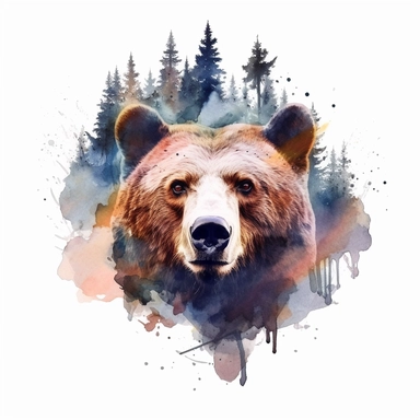 double exposure, bear head and forest,watercolor,white background,clipart