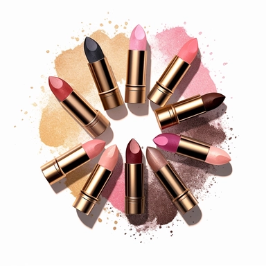 Lipstick, Beige blush, round blush, blush brush, eye pencil, glitter, blush brush, eye shadows, High detailed women fashion makeup accessories clipart, pink, gold and black colors, white background, no shadow, procreate drawn style
