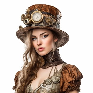 Solid white background. Waist-up portrait of a lovely Victorian steampunk woman, her enticing gaze accompanied by a faint smile. Her ivory skin enhances her classic gold and rust attire, reflecting Victorian aesthetics with steampunk mechanics. Her hat, complete with a built-in clock, adds to her look. The backdrop lacks steampunk elements. Pastel clipart, hyper-realistic, retro-futurism, solid white background
