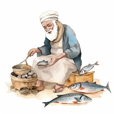 an old man selling fish in the market, ancient egipht, clipart, watercolor, no lettering, no image noise, white background