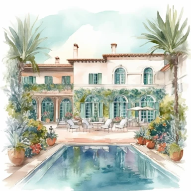 Watercolor drawing beautiful rich interior living room italian villa wedding venue in flowers, piscina e scalinate,watercolor clipart, white background, isolated on white, 8k, watercolor style