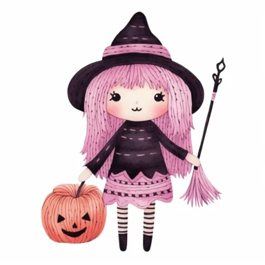 A watercolor witch Halloween-themed, full color, knitted painting texture, Millennial Pink, Perfect for nursery art and children's book illustration style, simple, cute, clipart, single object, white background for removing background