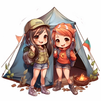 Cute Beautiful Two Girl camping Sublimation Clipart,Cartoon, hyper realistic, intricate detail, illustration style,high solution,on the white background